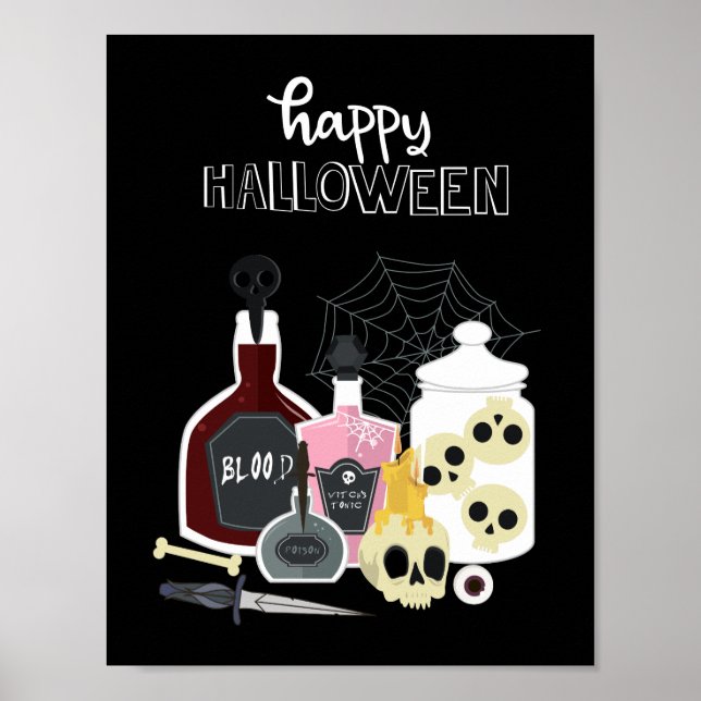 Póster Capacetes e poções Ilustrações Felizes Halloween (Frente)