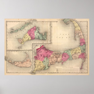 Poster Cape Cod, Martha's Vineyard & mapa de Nantucket