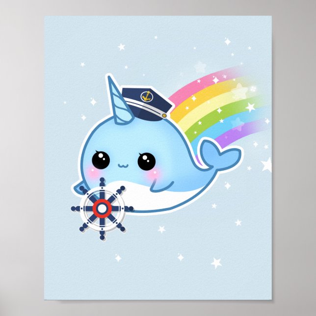 Póster Capitão Kawaii Cute narwhi com arco-íris (Frente)
