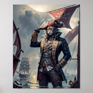 Poster Capitão Pirata gato em um galeão afundando - 