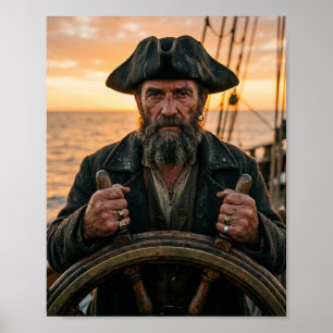 Poster Capitão Pirata Grisalho ao Leme do Navio Pôr do So
