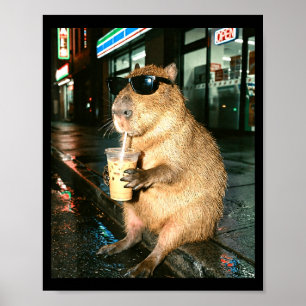 Poster Capivara bebendo café gelado, foto meme de capivar