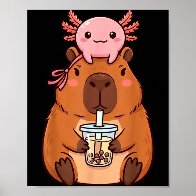 Poster Capivara Fofa Bebendo Chá de Boba Kawaii Axolote (Frente)