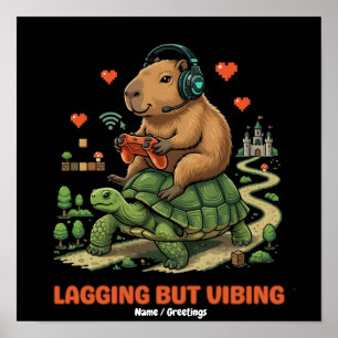 Poster Capivara Gamer Engraçada e Tartaruga Vibrando Mesm