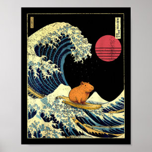 Poster Capivara Japonês Kanagawa Onda Divertido Surf Anim