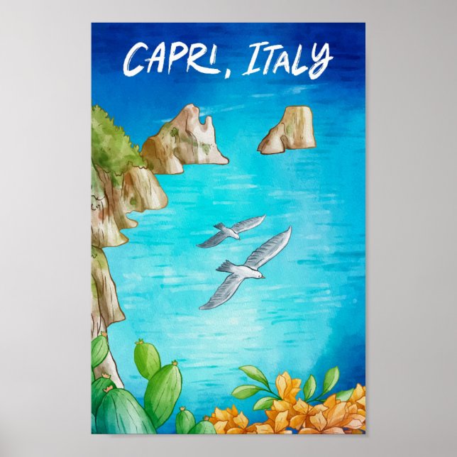 Poster Capri Itália Art Watercolor Viagem Illustration (Frente)