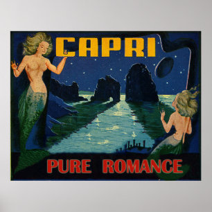 Poster Capri, romance puro, sereias à noite, vintage