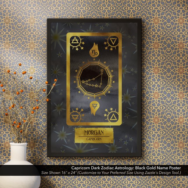 Poster Capricórnio Escuro Astrologia Zodiaca: Nome Dourad (Dark Zodiac Poster: for the Birth Sign Capricorn in Black and Gold Personalized with Your Name.)