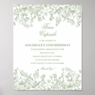 Poster Capsula do Tempo Bebê Aniversário Floral Sage Chin