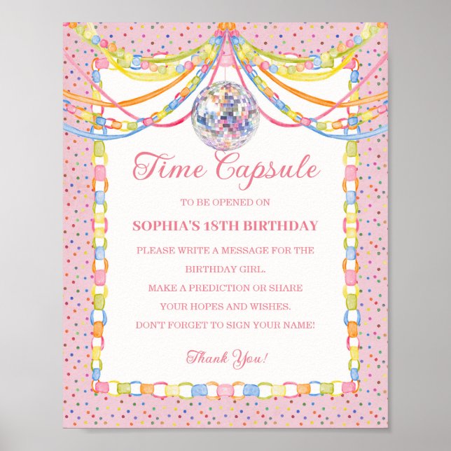 Poster Cápsula do Tempo de Aniversário Rosa Toque de Conf (Frente)