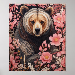 Poster Captivando Flores Rosa Cinzentas De Urso Marrom