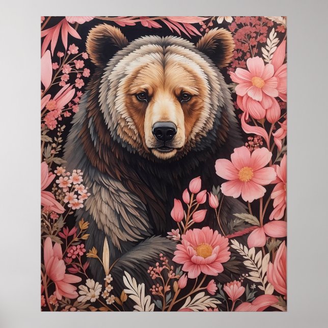 Poster Captivando Flores Rosa Cinzentas De Urso Marrom (Frente)