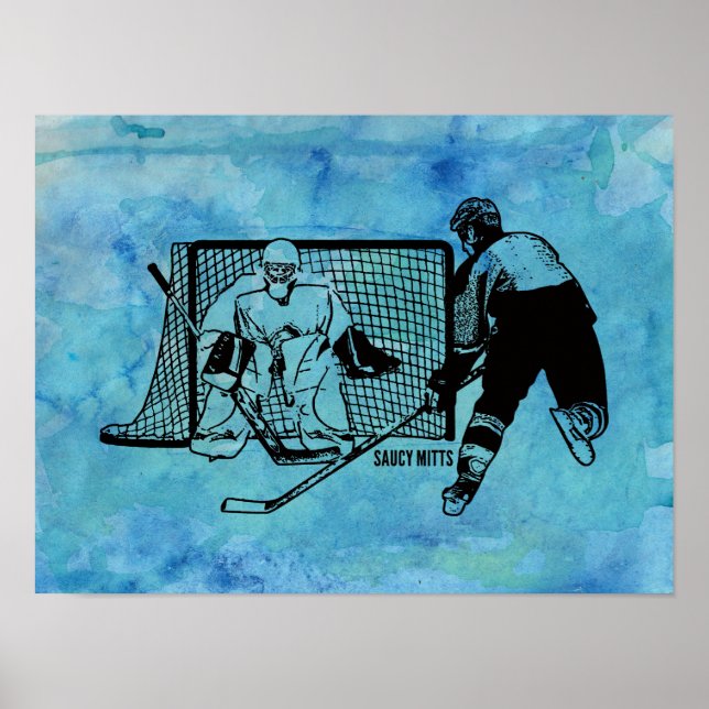 Poster Captura em Sketch de Hockey na Rede em Blue Waterc (Frente)