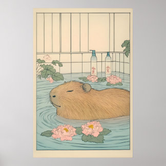 Poster Capybara Bath Print Japanese Ukiyo-e Animal Art