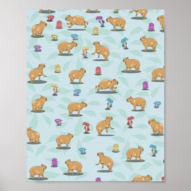Poster Capybara e padrão de cogumelos (Frente)