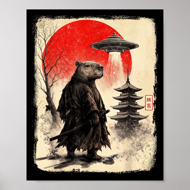 Poster Capybara Samurai Retro Ufo Japanese Warrior Tenshu (Frente)