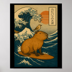 Poster Capyra Surfando Grande Onda Japonesa Kanagawa Vint