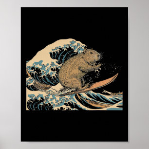 Poster Capyra Surfando Onda Japonesa Surfista Animal Dive