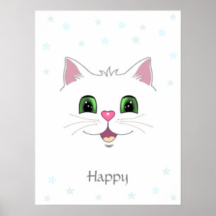 Poster Cara de gato branco fofo e engraçado e estrelas