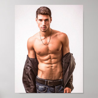 Poster Cara Quente Homem Sexy Sem Camisa Jeans Azul Couro