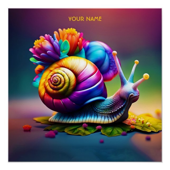Póster Caracol Fantasy Cute Com Flores (Frente)