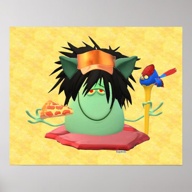 Póster Caractere de Pizza Monstro Verde Animado (Frente)