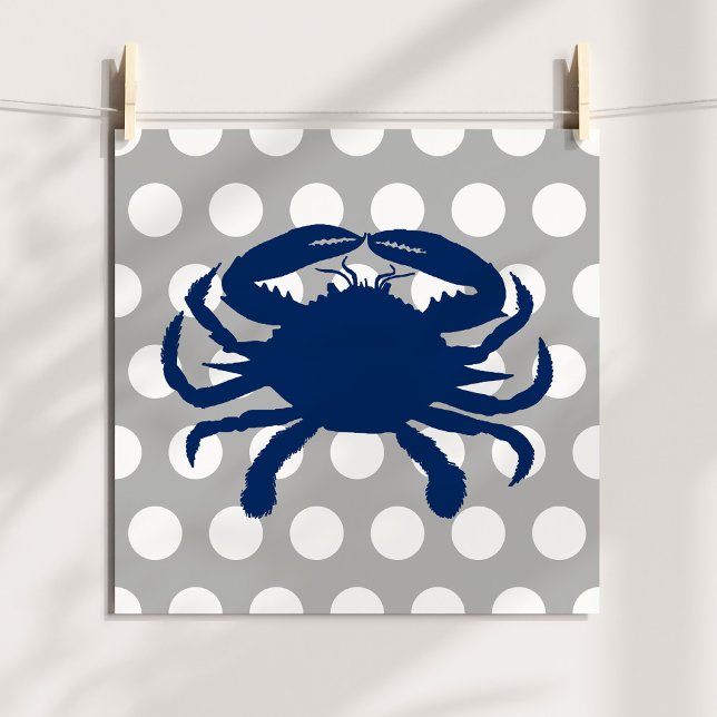 Poster Caranguejo Azul-Marinho Cinza e Bolinhas Brancas (Navy Blue Crab Gray and White Polka Dots Poster)