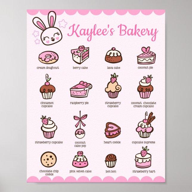 Poster Cardápio da Kawaii Bakery com seu nome (Frente)