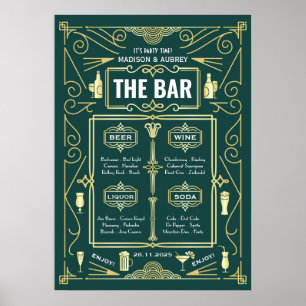 Poster Cardápio de Bar Aberto de Casamento Art Deco Doura