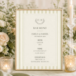 Poster Cardápio de Bar Casamento Monograma Listrado Verde