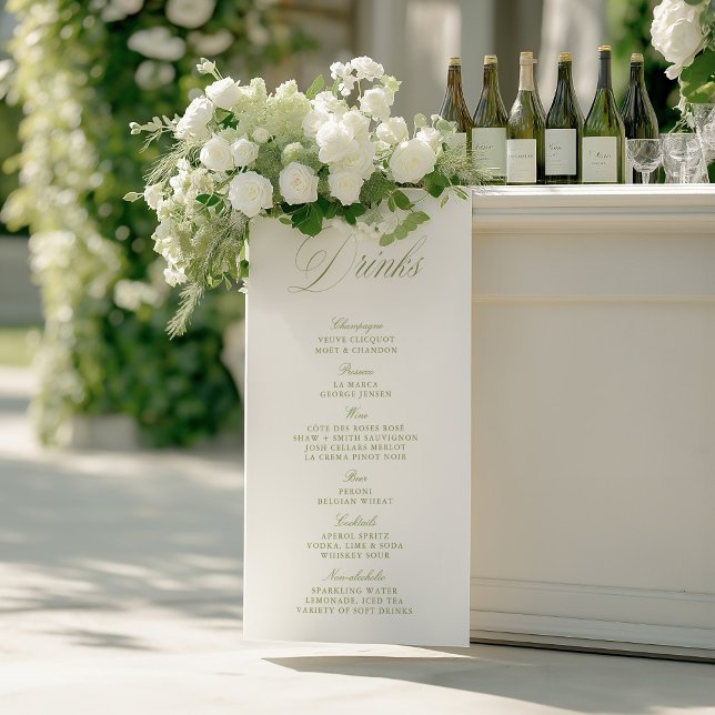 Poster Cardápio de Bar de Bebidas de Casamento em Papel V (Elegant Sage Green Wedding Drinks Bar Menu)