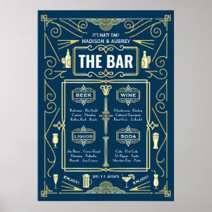 Poster Cardápio de Bar de Casamento Art Deco Vinho Cervej