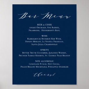 Poster Cardápio de Bar de Casamento Azul Marinho com Letr