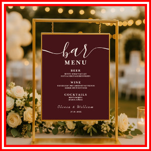 Poster Cardápio de Bar de Casamento Borgonha