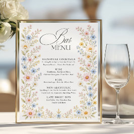 Poster Cardápio de Bar de Casamento com Aquarela de Flore