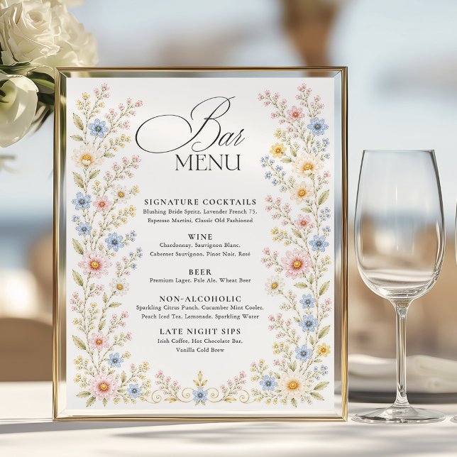 Poster Cardápio de Bar de Casamento com Aquarela de Flore (Criador carregado)
