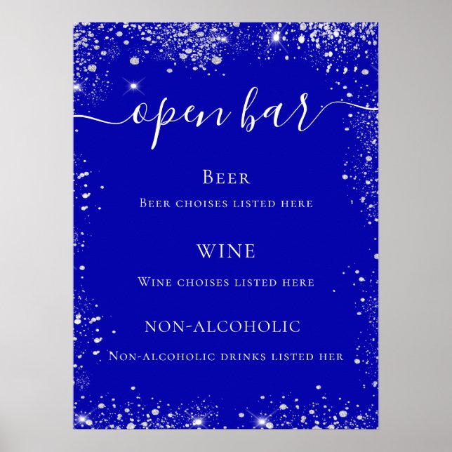 Poster Cardápio de bar de casamento com brilho prateado a (Frente)