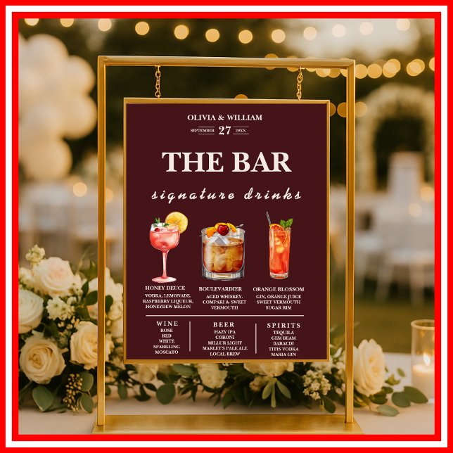 Poster Cardápio de Bar de Casamento de Bebidas com Assina (Criador carregado)
