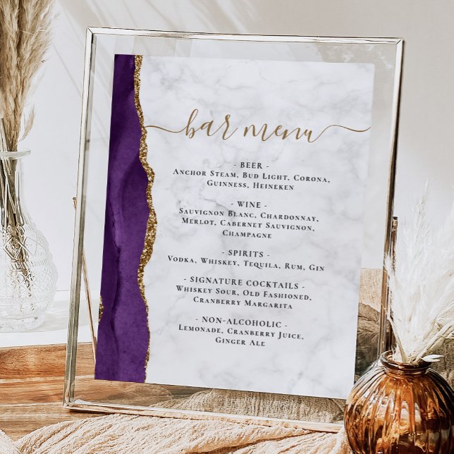 Poster Cardápio de Bar de Casamento em Mármore Ágata Roxa (Criador carregado)
