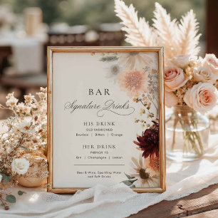 Poster Cardápio de Bar de Casamento Floral Outonal Borgon