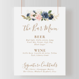 Poster Cardápio de Bar de Casamento Flores Rosa Azul Dour