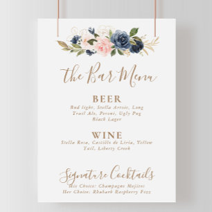 Poster Cardápio de Bar de Casamento Flores Rosa Azul Dour