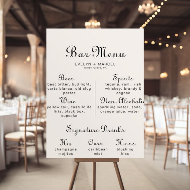 Poster Cardápio de Bar de Casamento Minimalista Clássico  (Criador carregado)