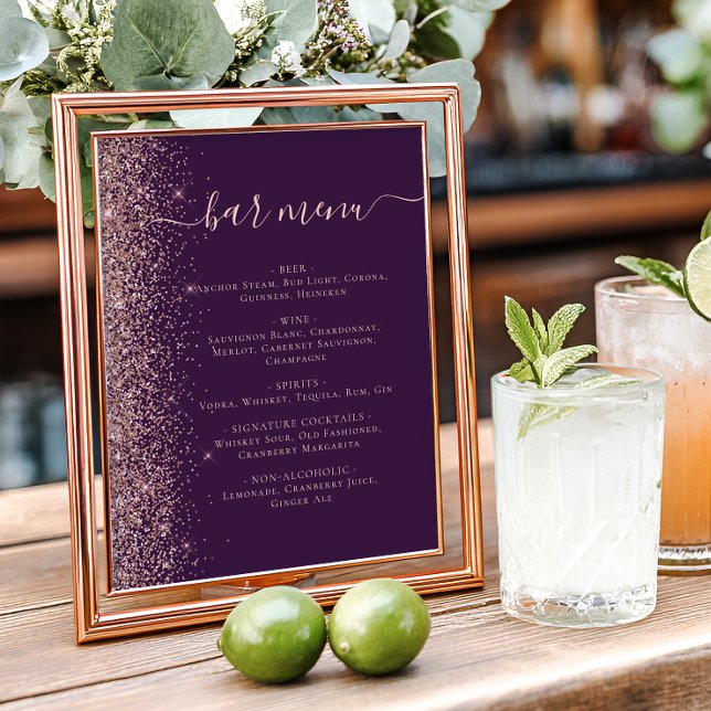 Poster Cardápio de Bar de Casamento Rosa Roxo Dourado Bri (Criador carregado)