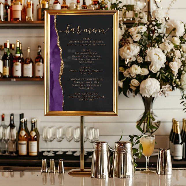 Poster Cardápio de Bar de Casamento Roxo Dourado Ágata Es (Criador carregado)