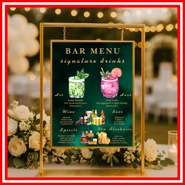 Poster Cardápio de Bar de Casamento Verde Esmeralda & Dou (Criador carregado)