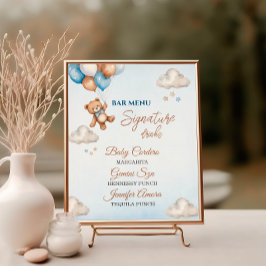 Poster Cardápio de Bar de Chá de Bebê Balão de Urso Azul 