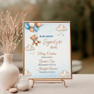 Poster Cardápio de Bar de Chá de Bebê Balão de Urso Azul 