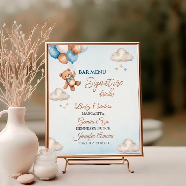 Poster Cardápio de Bar de Chá de Bebê Balão de Urso Azul  (Criador carregado)