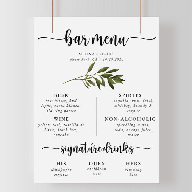 Poster Cardápio de Bar de Noiva com Folhas Verdes Botânic (Criador carregado)